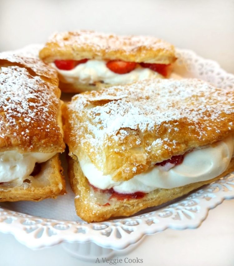 Puff pastry filled with vegan cream, strawberries and strawberry jam