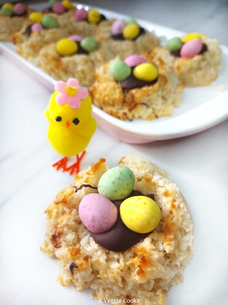 Vegan Coconut Macaroons topped with chocolate and candy eggs