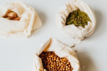 Lentils in cloth bags on a table
