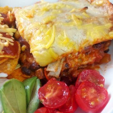 Portion of vegan Tortilla Casserole with nachos, tomatoes and sliced avacado