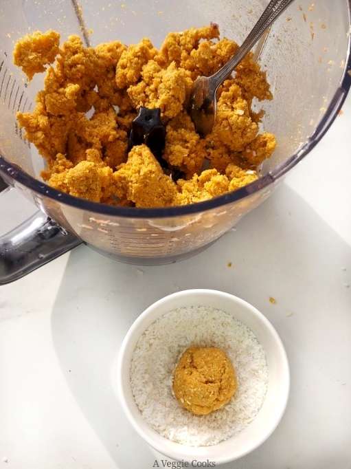 Apricot energy ball mixture in food processor 